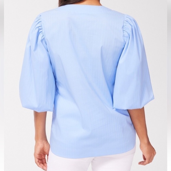 CHICO’S No Iron Stretch Blue Shadow Stripe Top Balloon Sleeves Size Medium NWT - Picture 3 of 9